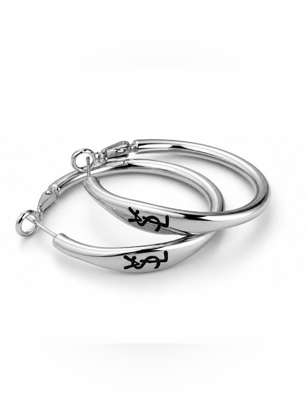 Silver Tone Hoop Earrings with Black Lettered Detail Accent
